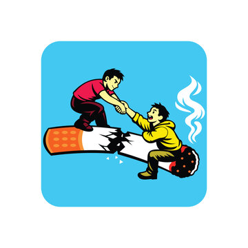Vector illustration of people helping each other on broken cigarette, symbolizing support to quit smoking and World No Tobacco Day awareness.