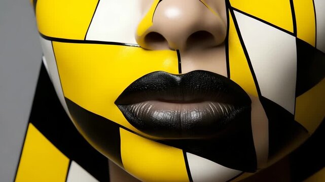 Close-up of a face with colorful paint designs. The pattern includes black and yellow shapes. The lips are painted black and contrast with the bright background.