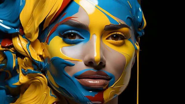 A woman stands in a studio. Her face is covered in bright colors. She shows different expressions as she poses. The lights highlight the paint on her skin.