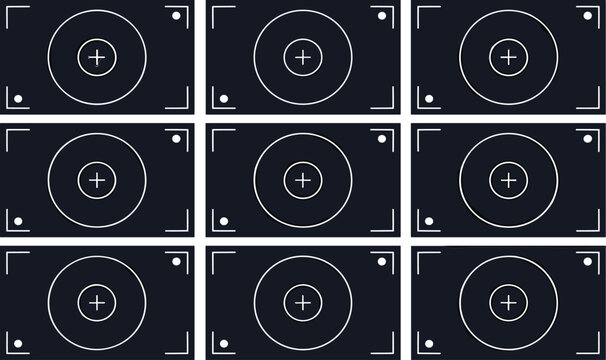 Camera focus frame and viewfinder overlay set with recording target screens, minimalist vector illustration collection