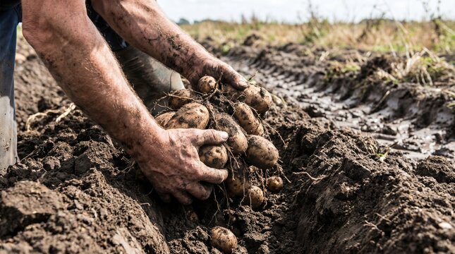 Close up of a farmer hands holding freshly harvested raw organic potatoes covered in soil