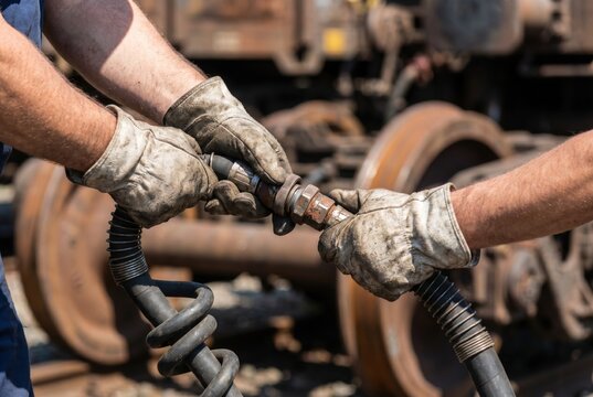Railway worker hands connecting heavy air brake hoses between train cars on the tracks