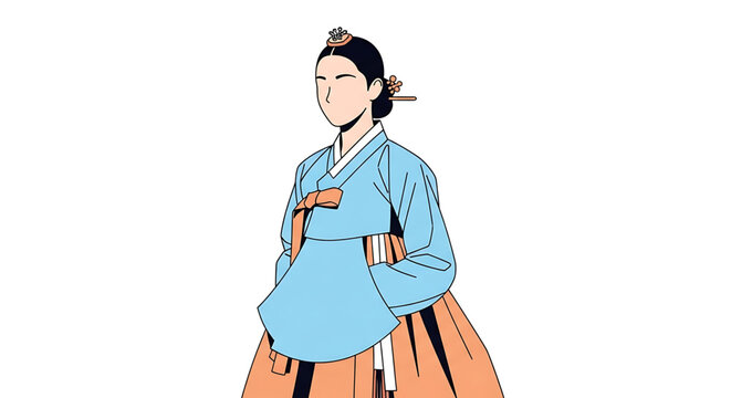 Minimalist vector illustration of a woman wearing traditional korean hanbok dress with blue jeogori and orange chima
