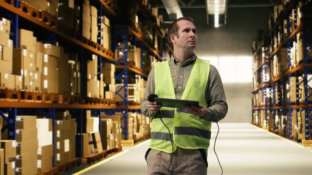 Warehouse staff scanning barcodes and shipment details on tablet, checking AWB labels for inventory before delivery and transportation. Fulfillment center distribution operations.