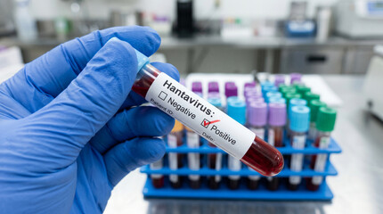 Naklejka premium Scientist holding blood sample tube marked as positive for Hantavirus. Laboratory technician testing analysis for viral infection. Public health threat and zoonotic disease research concept.