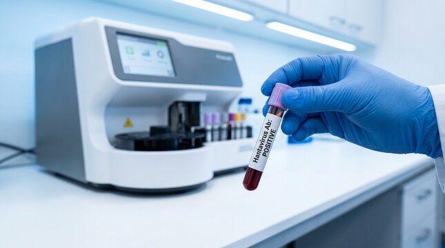 Scientist holding blood test tube with Hantavirus positive result in laboratory. Medical analysis of zoonotic disease. Professional healthcare technology for clinical viral infection diagnosis.