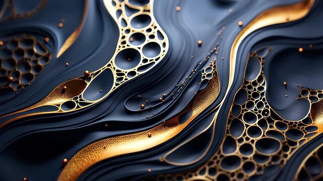 Four frames show various designs of abstract art. The images focus on dark colors combined with gold. Patterns twist and flow, creating interesting effects.