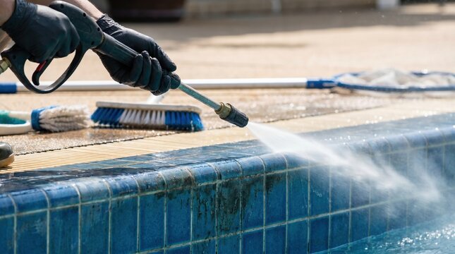 Professional pool maintenance worker using a high pressure washer to clean dirty blue tiles on the edge of a residential swimming pool