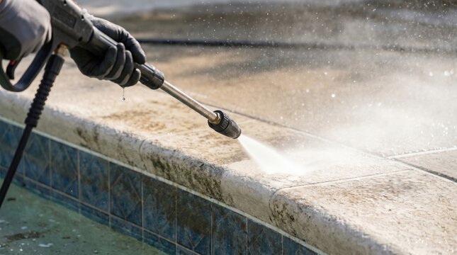 Professional pressure washing of a dirty swimming pool deck coping by a worker wearing protective gloves for home maintenance