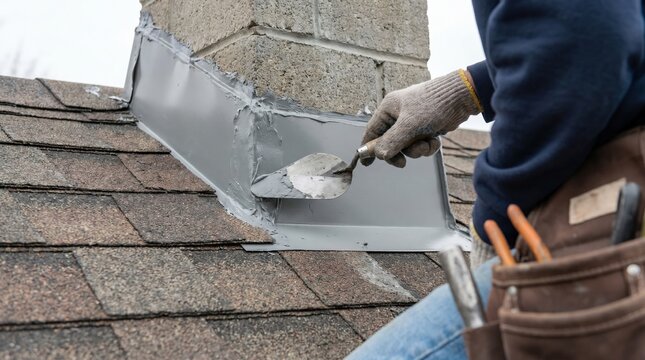Professional Roofer Applying Sealant to Chimney Flashing on Residential Shingle Roof for Leak Repair and Waterproofing Maintenance