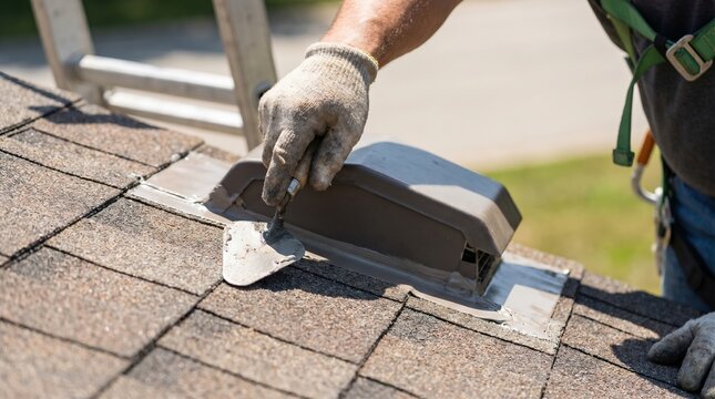 Professional roofer installing a plastic roof vent on a residential shingle roof using sealant and a trowel for waterproofing