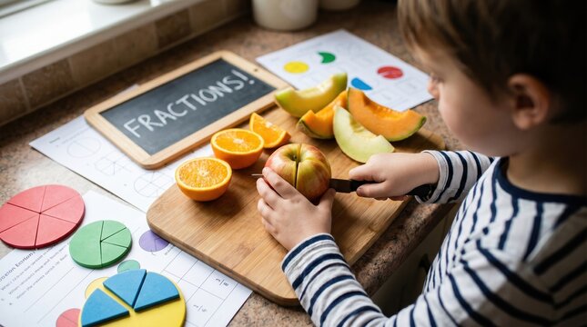 A young boy cuts an apple while learning math fractions at a kitchen counter. This hands-on Montessori activity makes abstract concepts tangible. Perfect for educational blogs or home schooling.