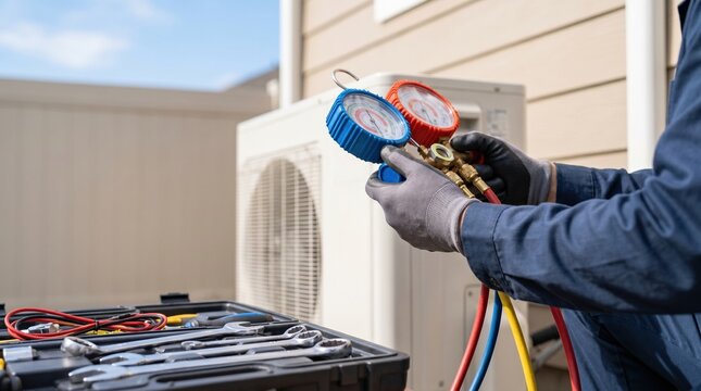 Professional HVAC Technician Holding Manifold Gauges Servicing Residential Air Conditioning Unit Outside Home