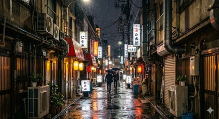 Naklejka premium Rainy Tokyo Alley with Izakaya at Night