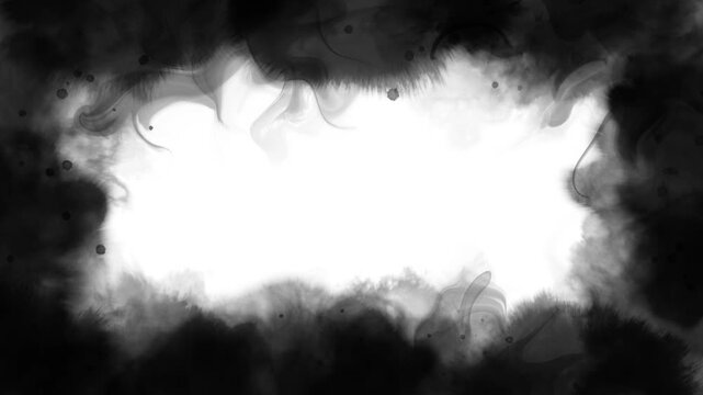 Black ink droplets spreading around the edges of the frame, forming an ink bleed border, on a white background.