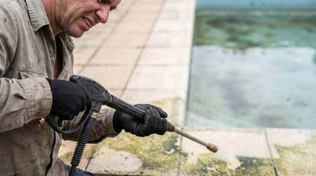Middle aged man using a high pressure washer to clean a dirty swimming pool deck surface outdoors during a home maintenance project