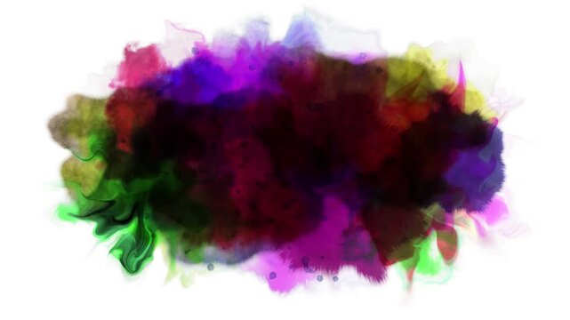 Ink splatter and multiple ink drops with different colored ink quickly spreading on a white background