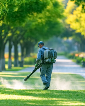 Worker spraying park grass for tick and insect control on sunny summer morning