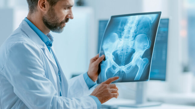 Doctor analyzing pelvic bone X-ray scan in modern radiology clinic