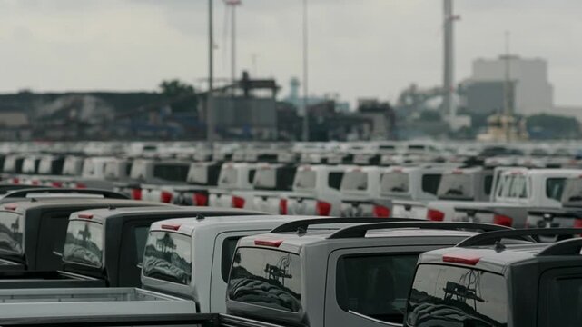 Rows of brand new pickup trucks are waiting for shipping at a vehicle distribution center