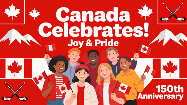 Diverse group of people celebrating Canada Day with flags and symbols of national pride.