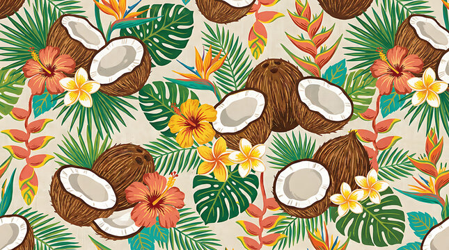 Vibrant tropical seamless pattern design featuring colorful coconuts