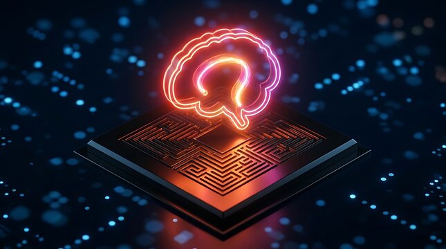 Simbol Otak Neon Bercahaya di Atas Chip Komputer dengan Latar Belakang Digital Berkilauan