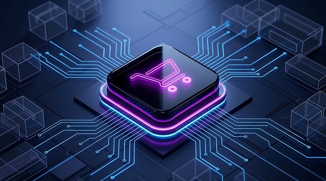 Simbol Troli Belanja Digital Terhubung Sirkuit Komputer, Konsep E-commerce dan Teknologi