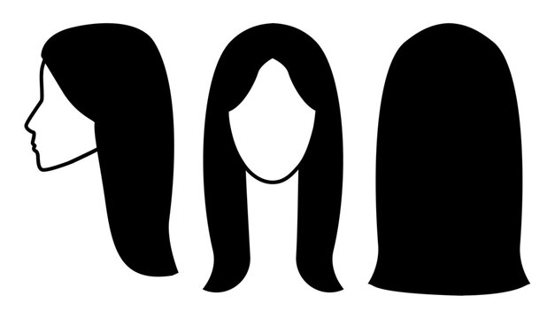 Curtain Bangs hairstyle silhouette front profile back view, long hair shape parted fringe structure simple outline for icon, avatar, logo, minimal beauty, fashion graphic