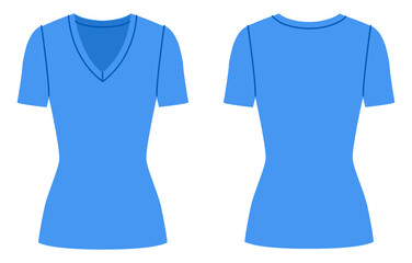 Naklejka premium Blue V neck top Short Sleeve fitted silhouette, clean construction lines and smooth shaping, minimal structure and simple casual everyday wear. Technical fashion illustration in flat color, front back