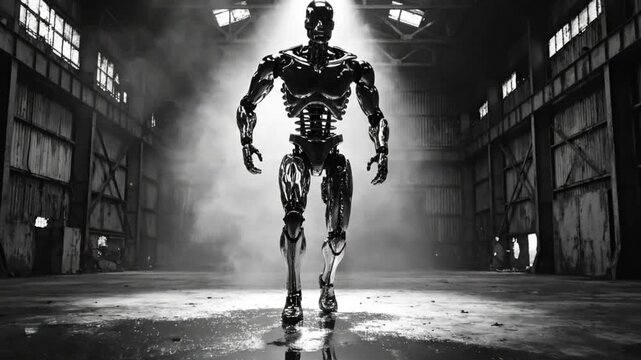 Futuristic cyborg walks towards camera in mysterious industrial warehouse with bright spotlight, grayscale render