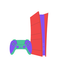 Modern flat videogame console and controller in bright red and purple tones. This trendy gamepad device with joystick joypad offers y2k gadget style for entertainment technology themes. © Moonnoon