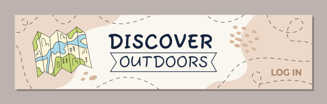 Horizontal map poster in color doodle style with mountain, river and forest elements. Outdoor adventure and nature travel camp background. Perfect for summer expedition or tourist trip.
