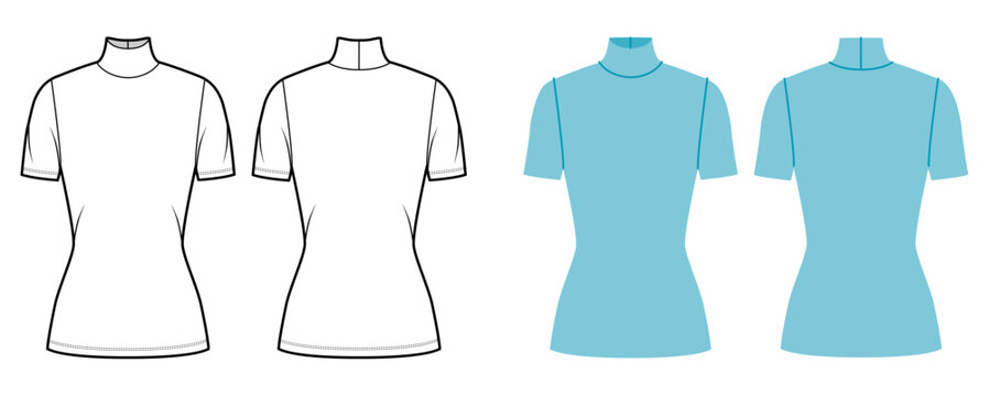Short sleeve mock neck top fitted silhouette structured neckline, clean form balanced proportions. Technical fashion illustration in black white color, front back views, CAD template. Vector