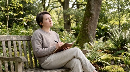 Obraz premium Woman sits on bench in garden reading book peacefully outdoors