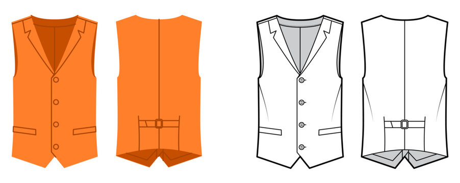 Sleeveless tailored vest with front button closure back belt detail creating fitted waist silhouette structured shaping clean construction lines. Technical fashion illustration in black white color