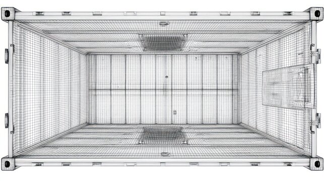 Empty 3 d wireframe shipping container interior overhead view
