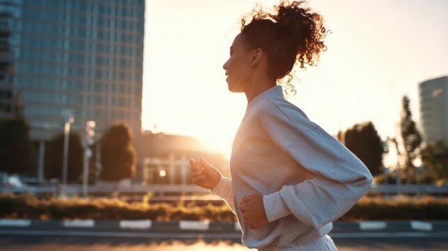 Athlete woman running in city at sunset. Female runner training outdoors during evening workout, fitness exercise and healthy active lifestyle in urban environment