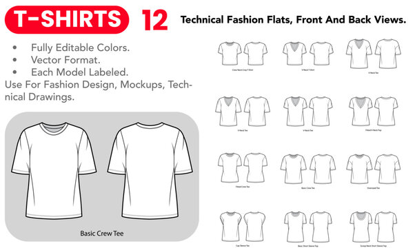T Shirt set with black and white technical fashion flats, front and back views, outline versions, short sleeve silhouettes and varied neckline styles. Vector illustration