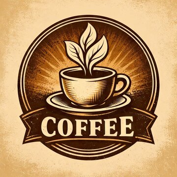 Vintage circular emblem for a coffee shop featuring a steaming cup on a saucer with three coffee leaves, done in a rustic brown tone
