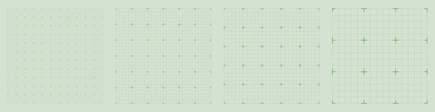 Square grid collection dot plus geometry, four samples blueprint style. Point spacing lattice structure, interface layouts editorial compositions planning sheets dashboards digital technology graphics