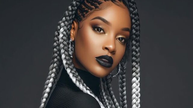Young woman with braided hairstyle looking at camera. Fashion model posing for portrait. Professional beauty makeup with black lipstick and expressive dark gaze.