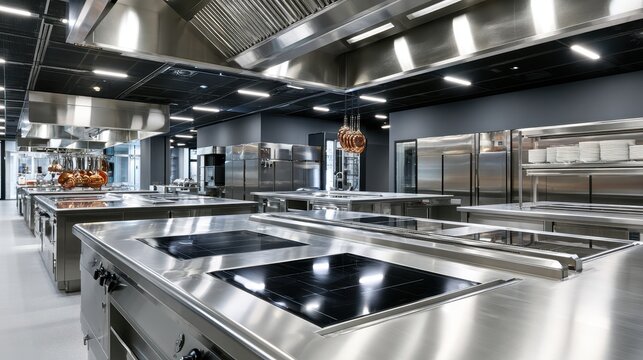 Commercial kitchen equipment stands in a modern restaurant facility with stainless steel surfaces and professional lighting for hospitality marketing