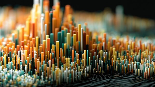 Abstract data pillars rising in a dark digital landscape with a macro shot and sharp focus for technology and data science marketing