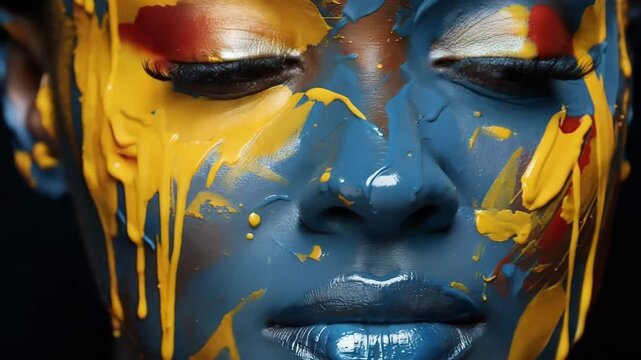 Artists apply blue and yellow paint to a model's face in an art studio. Each frame shows different designs and details being created with the paint.