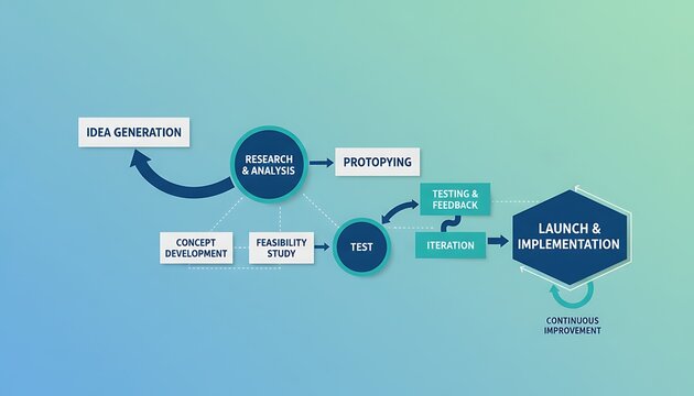 Professional Diagram of Idea Generation to Launch and Implementation