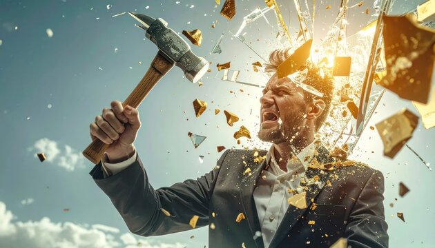 Man in suit smashing through obstacles.