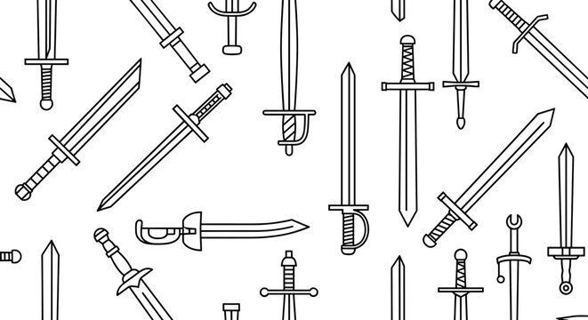 Collection of medieval swords and blades in a seamless pattern illustration