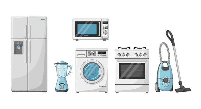 Collection of modern kitchen and home appliances including refrigerator microwave washing machine blender stove and vacuum cleaner