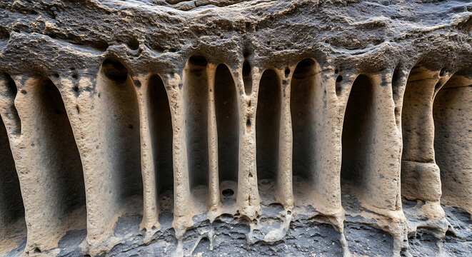 Intricate Macro Perspective of Natural Sandstone Erosion Showing Vertical Pillar Formations and Unique Geological Textures in an Ancient Rock Face or Cave Wall